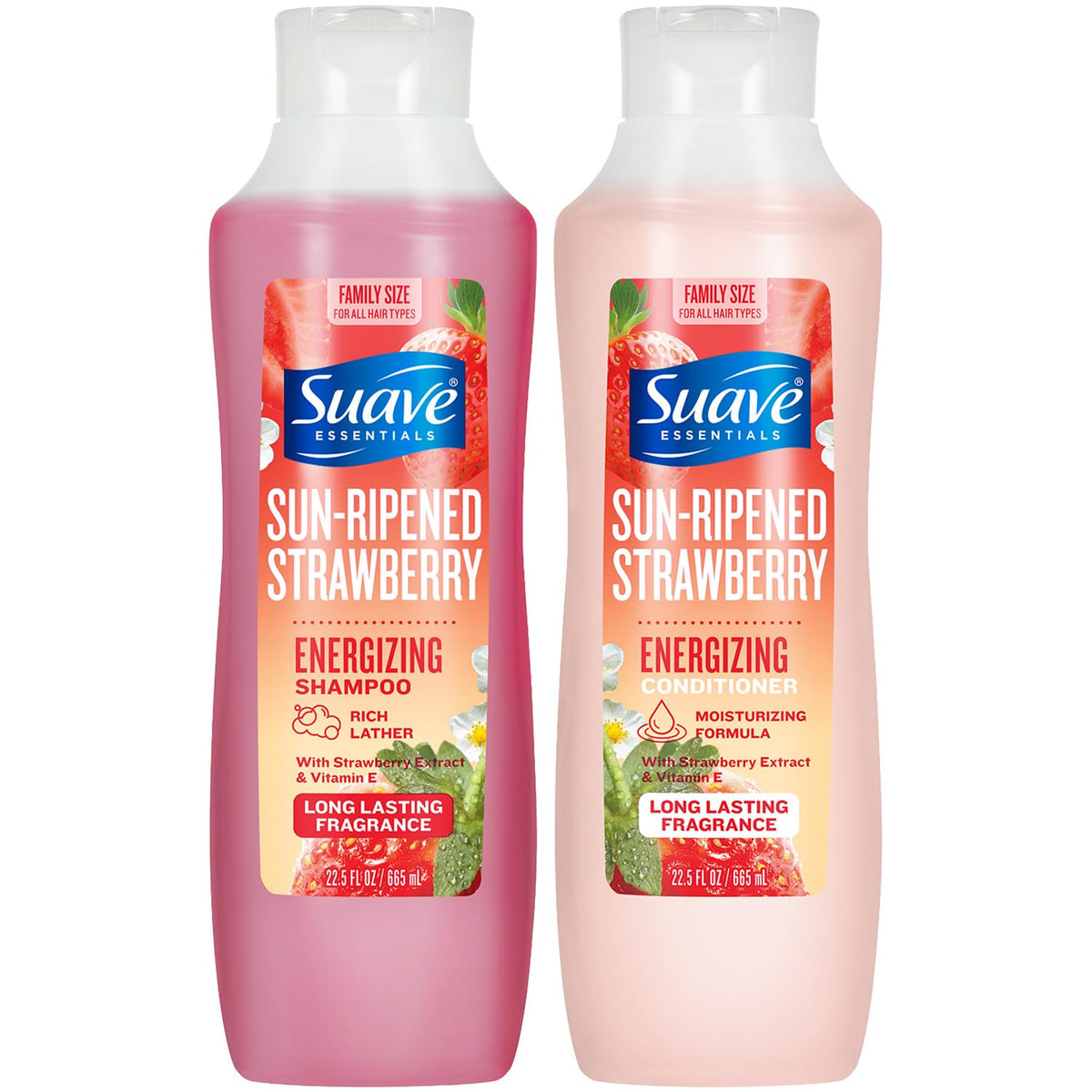 Suave front packaging showing bottles and strawberry scent benefit