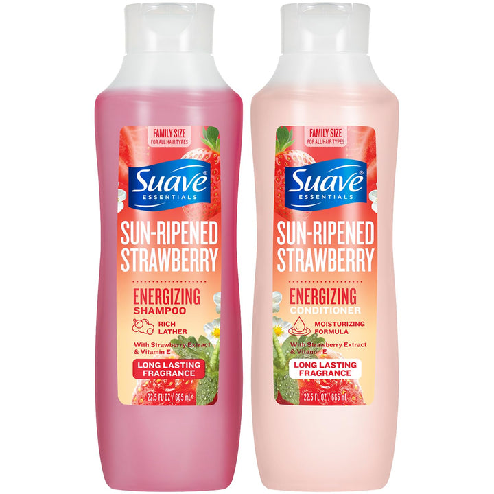 Suave front packaging showing bottles and strawberry scent benefit