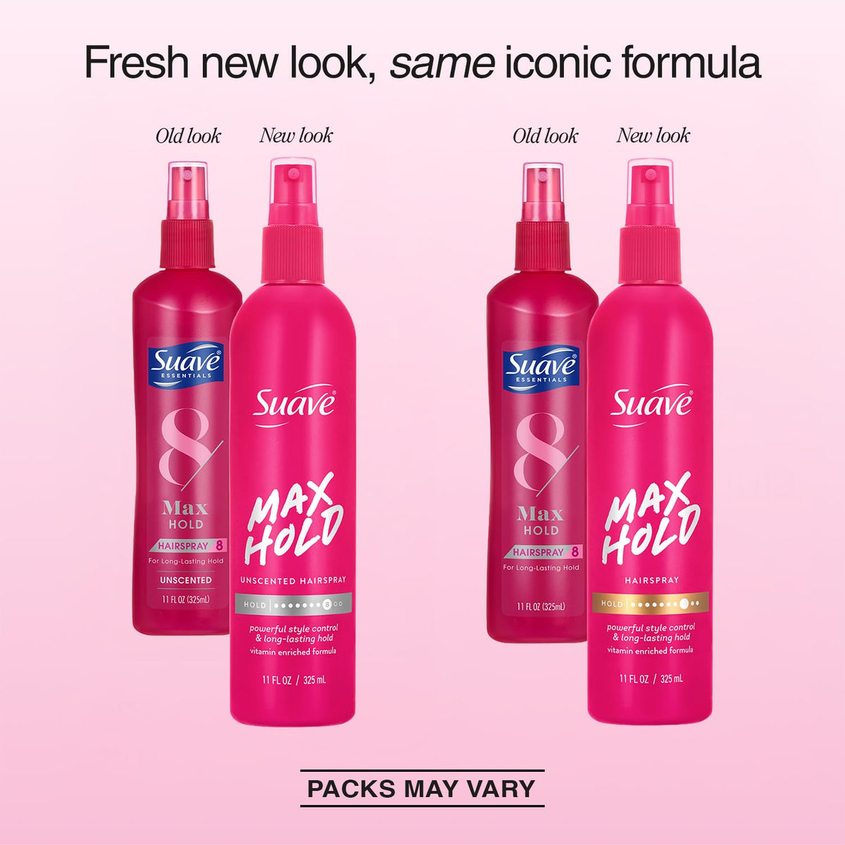 Suave unscented hairspray closeup label highlighting fragrance-free benefit