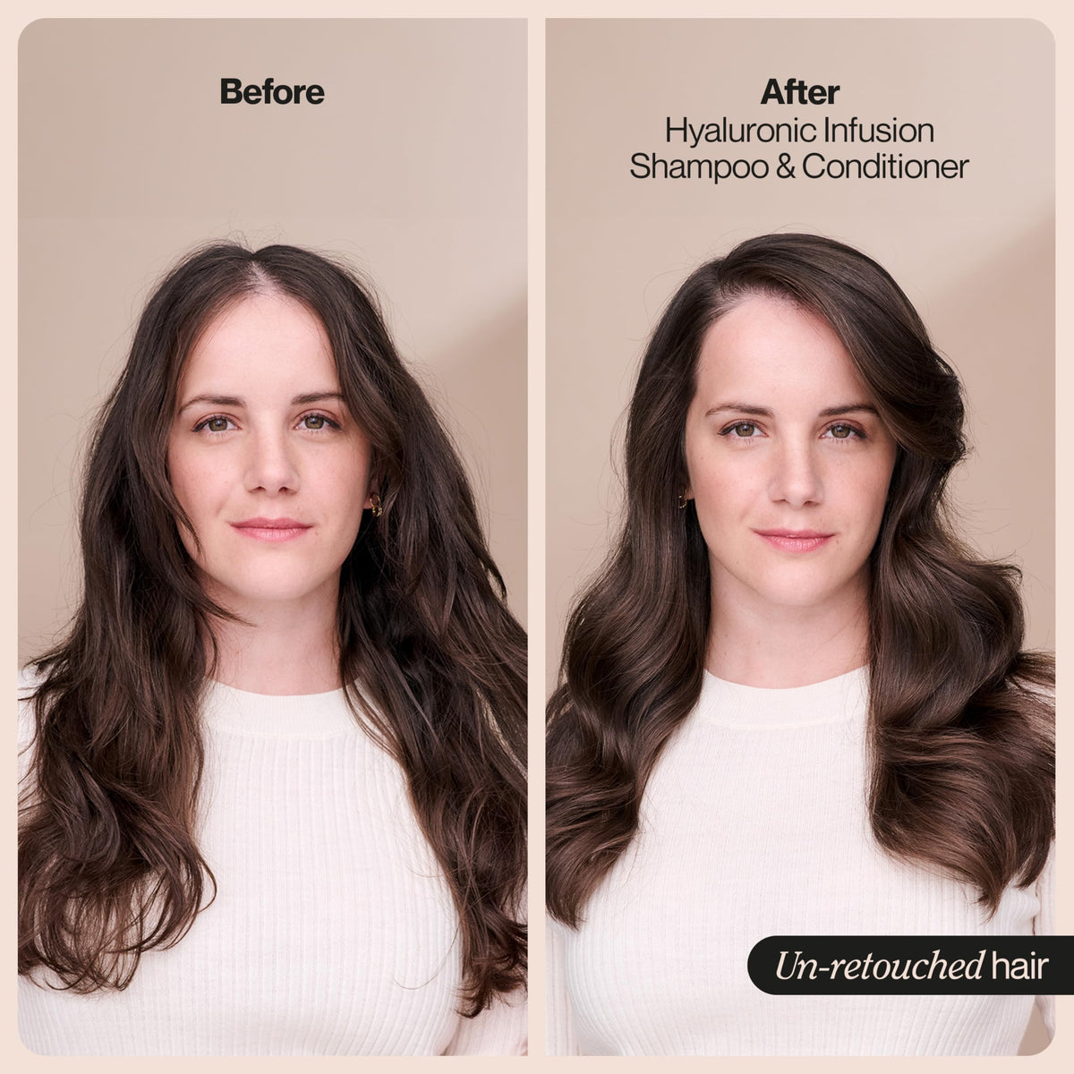Suave hyaluronic hair before and after image showing improved smoothness