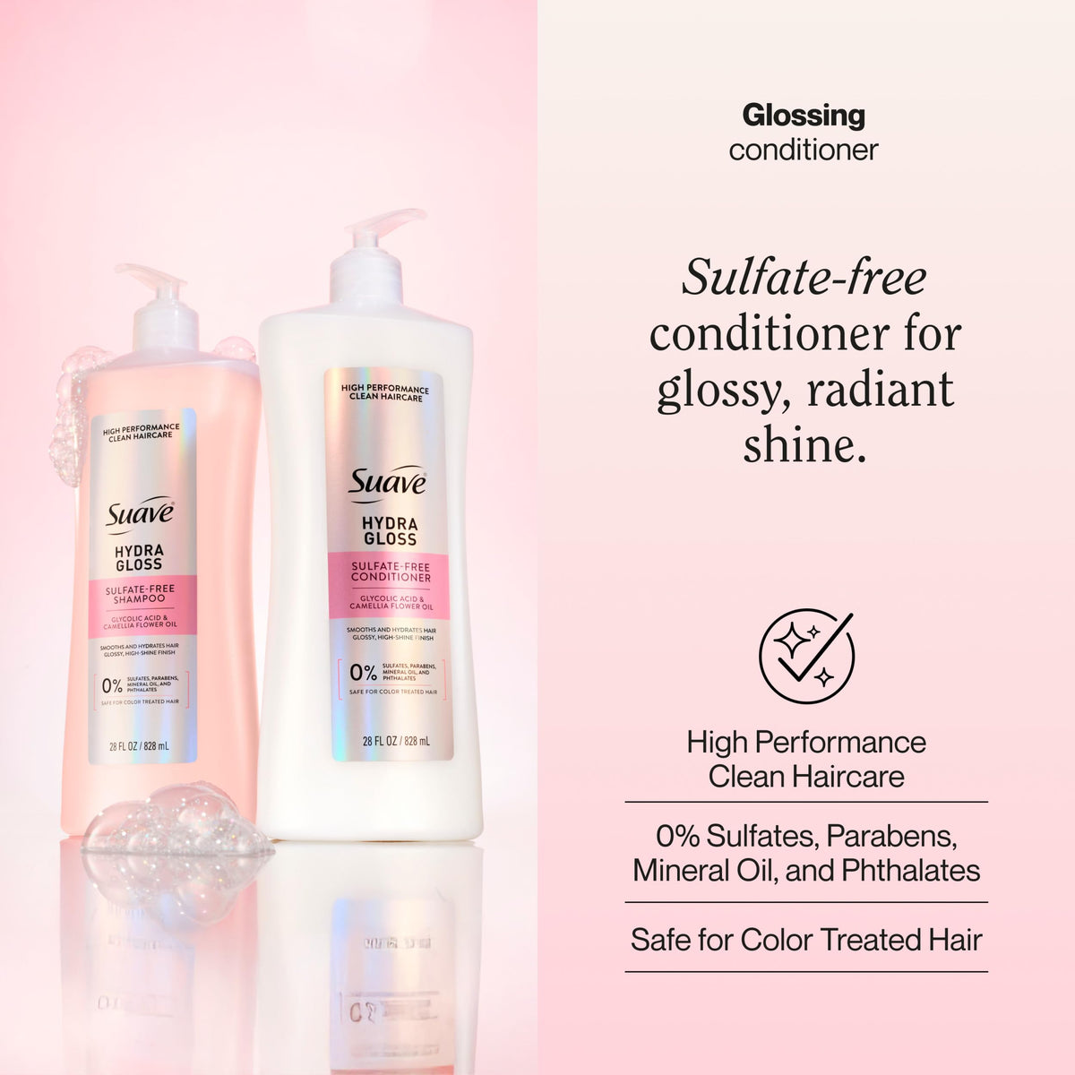 Suave back label close-up highlighting ingredients and usage benefits