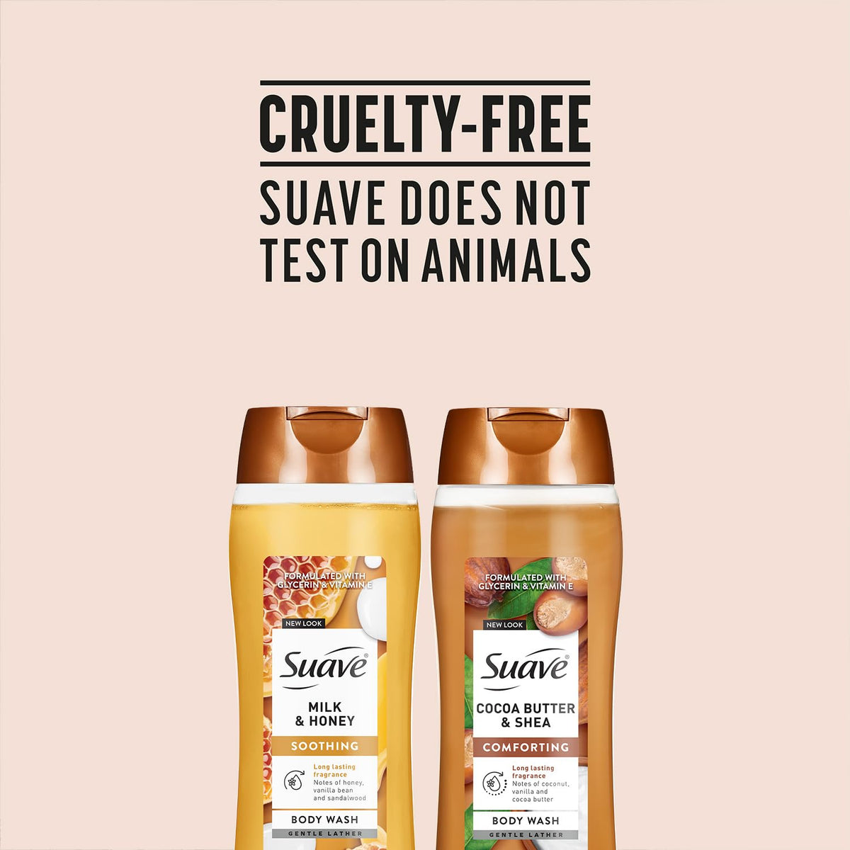 Close-up of Suave ingredient label showing Sweet Blend Oil Essence benefits