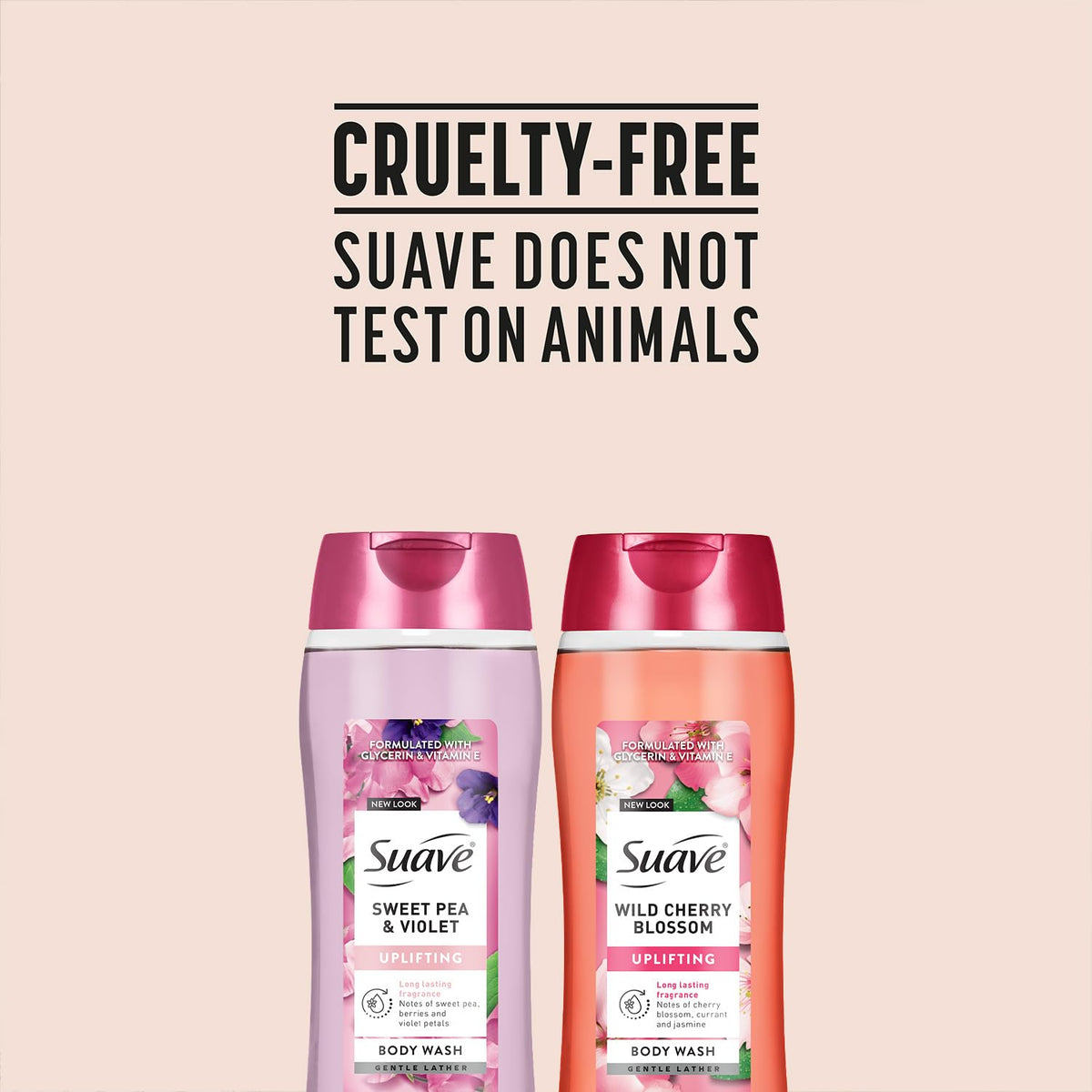 Suave ingredient panel close-up showing paraben-free and cruelty-free badges