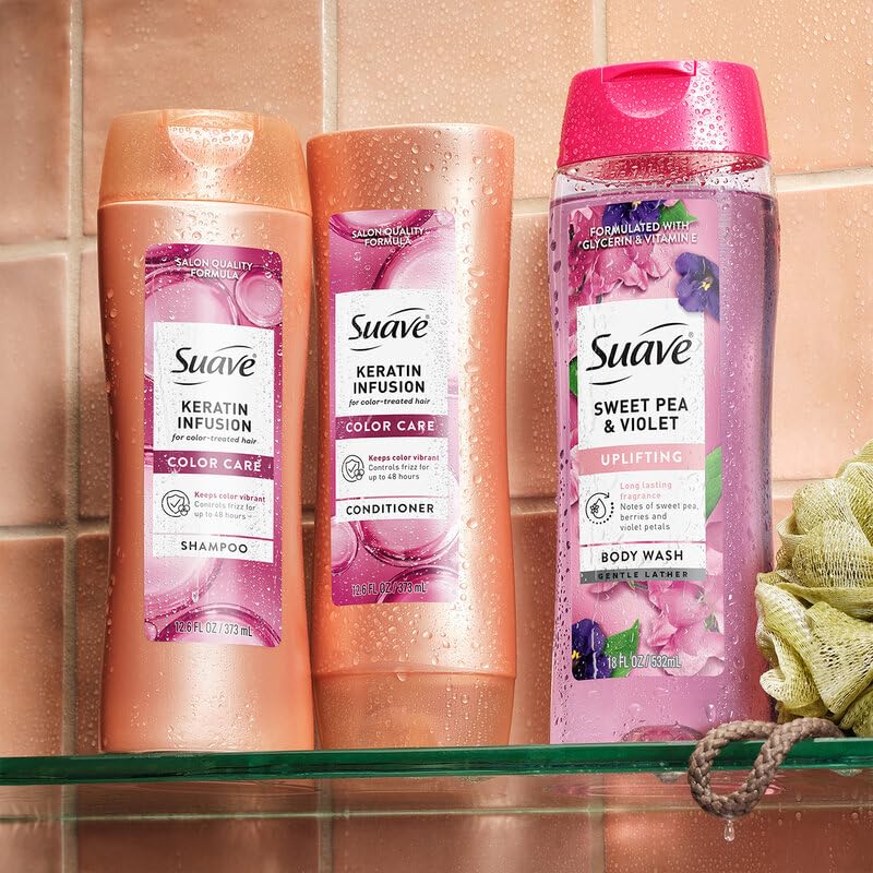 Suave keratin after wash shiny hair showing enhanced gloss benefit