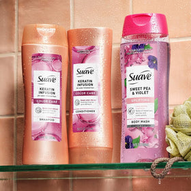 Suave keratin after wash shiny hair showing enhanced gloss benefit