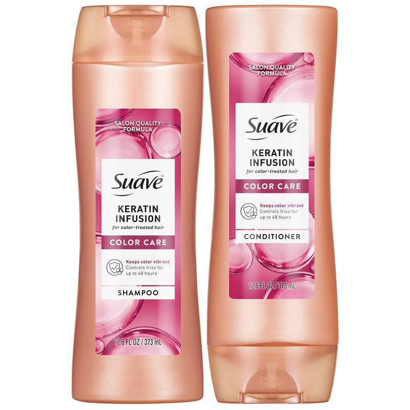 Suave keratin front packaging showing two bottles and benefits