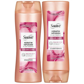 Suave keratin front packaging showing two bottles and benefits