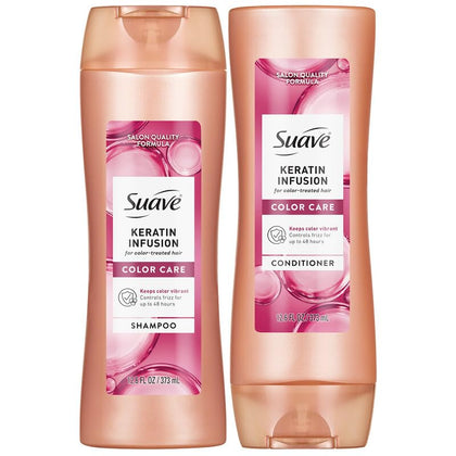 Suave keratin front packaging showing two bottles and benefits