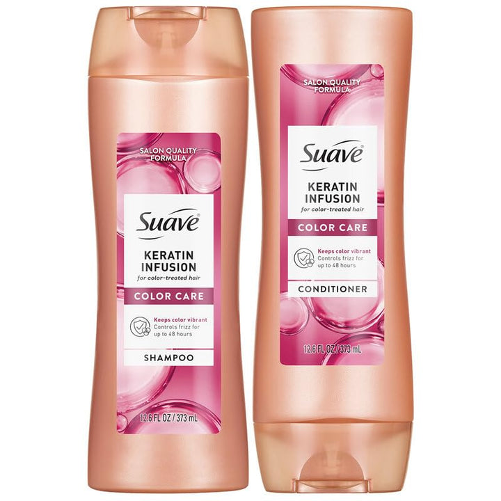 Suave keratin front packaging showing two bottles and benefits