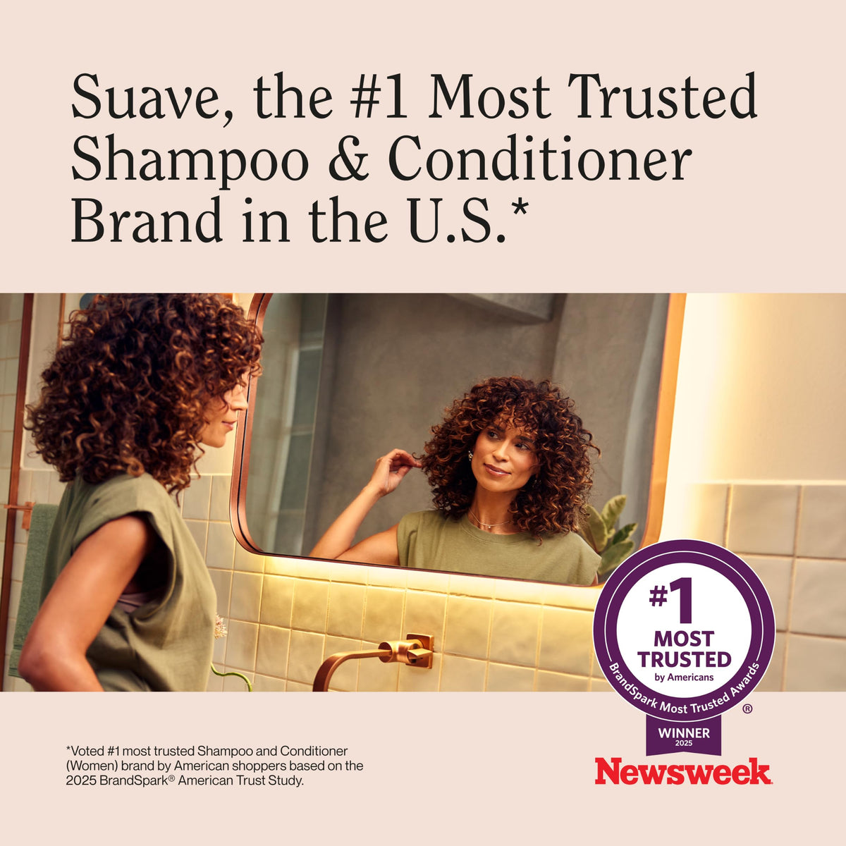 Suave keratin infusion on bathroom vanity in lifestyle setting for daily use