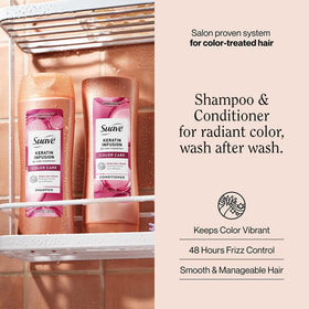 Suave keratin shampoo texture close-up showing gentle lather benefit