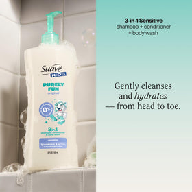 Suave Kids label and pump close-up highlighting hypoallergenic and tear-free features