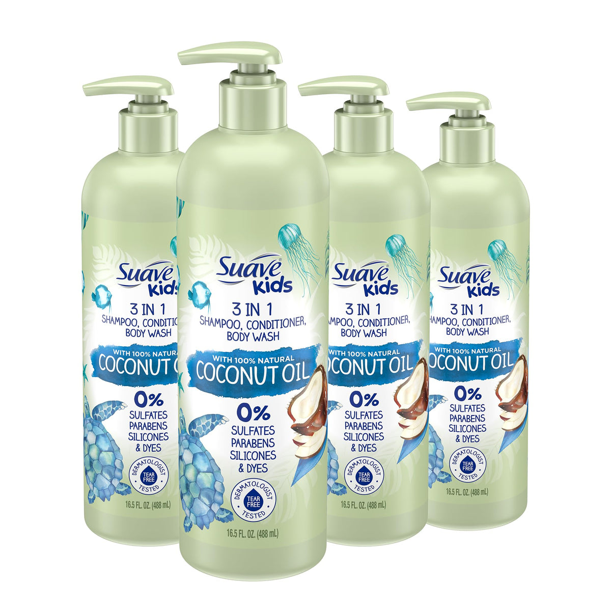 Suave Kids bottle front packaging showing coconut scent and benefits