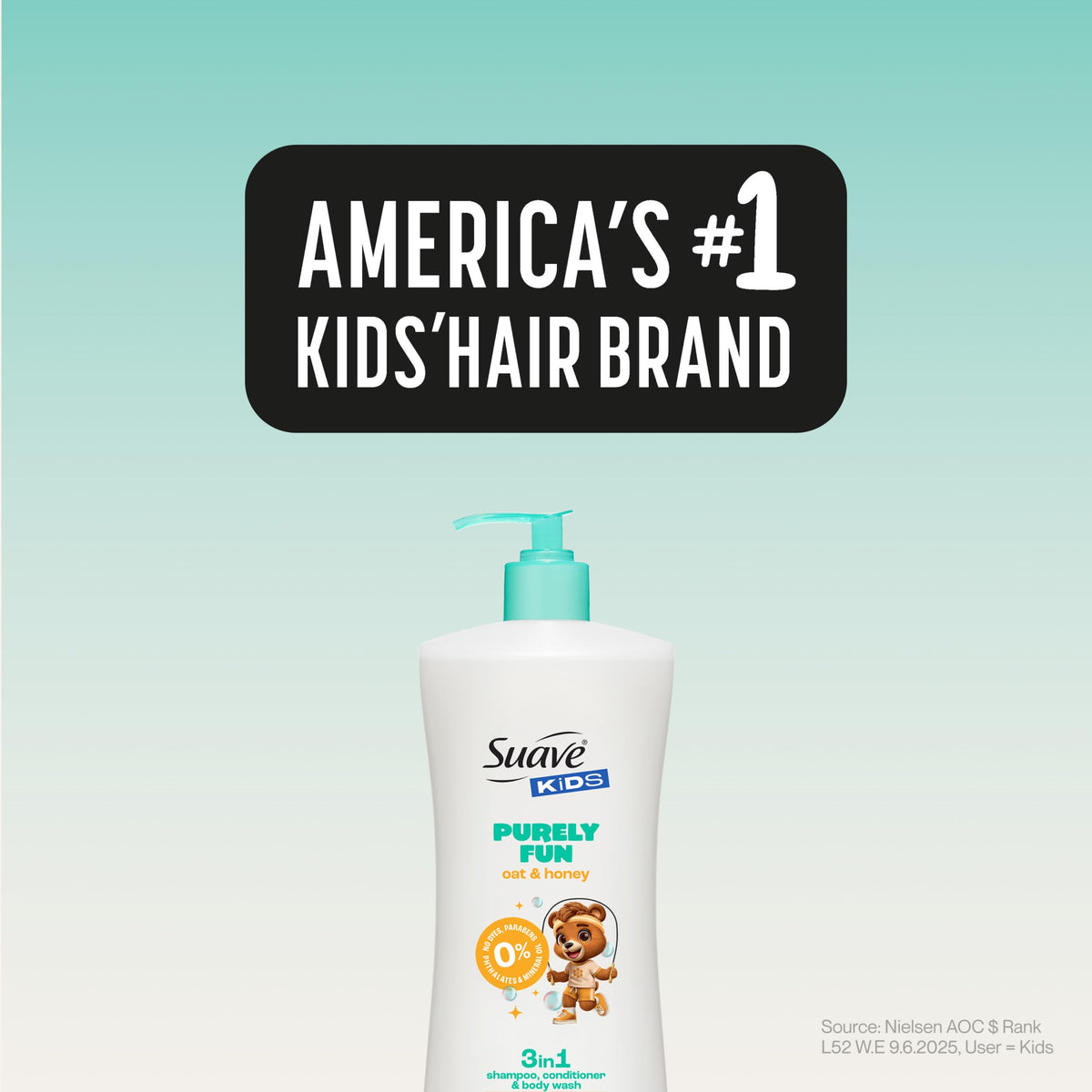Four Suave Kids bottles together showing the 4 count bulk pack convenience