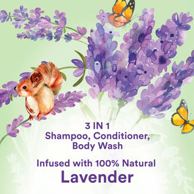 Suave kids lavender bottle pouring creamy lather for gentle cleansing