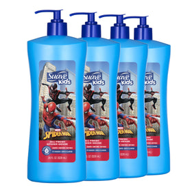 Suave Kids bottle front packaging showing Marvel Spider‑Man and apple scent benefit