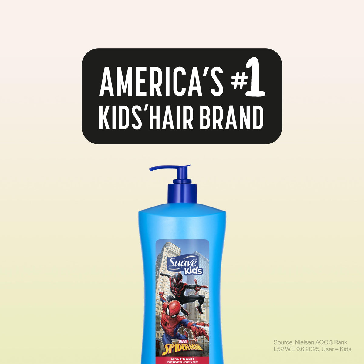 Suave Kids bottles on bathroom shelf showing convenience and durable packaging benefit