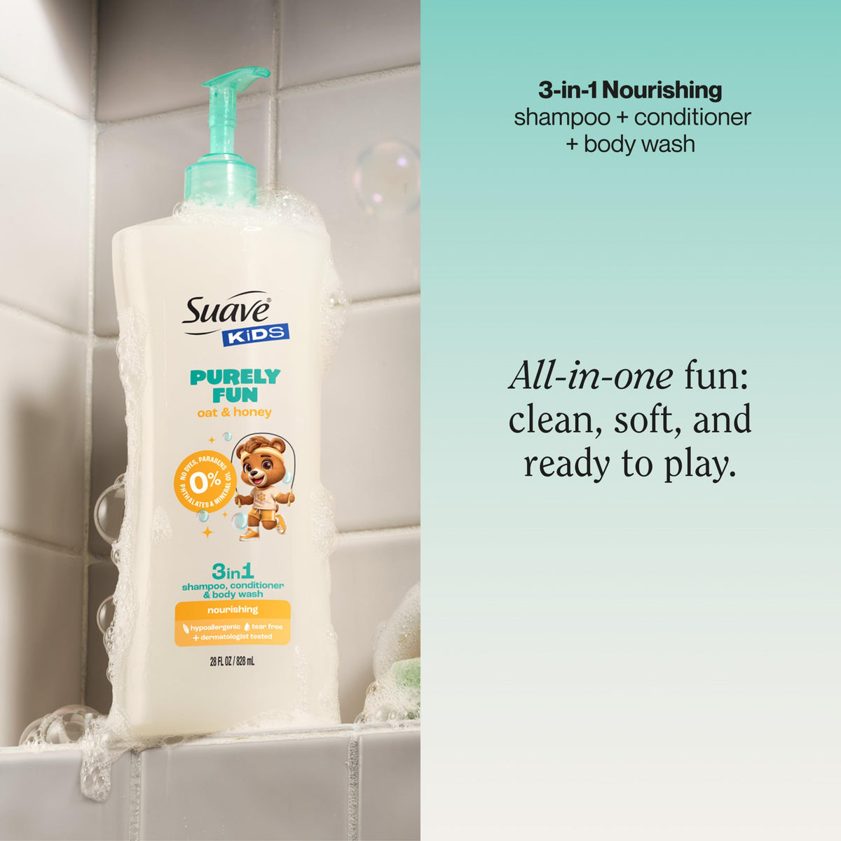 Suave Kids pump and cap detail for easy dispensing and parent convenience
