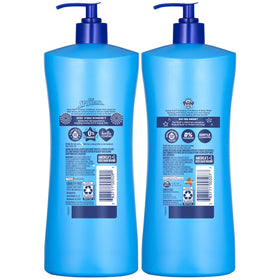 Paired Suave bottles on bathroom shelf demonstrating family supply