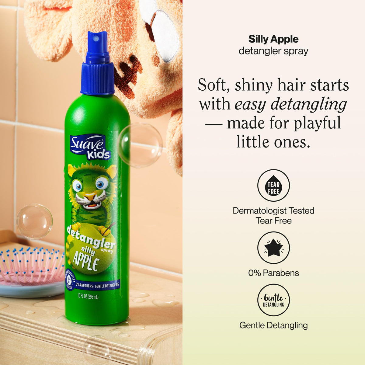 Suave Kids spraying detangler mist for easy, painless combing