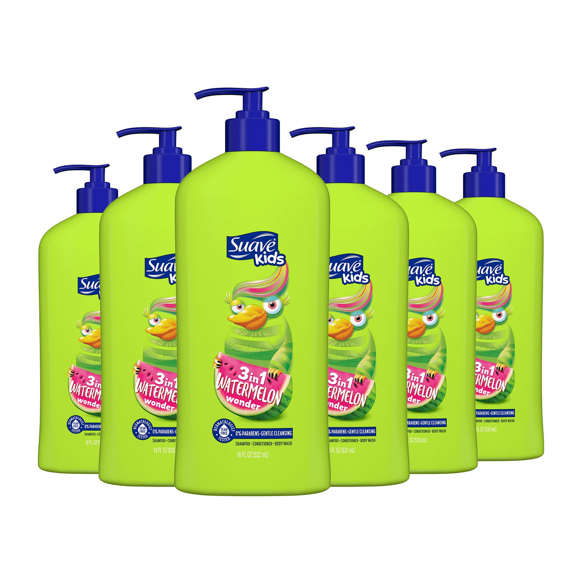 Suave kids front packaging showing bottle and watermelon scent for easy identification