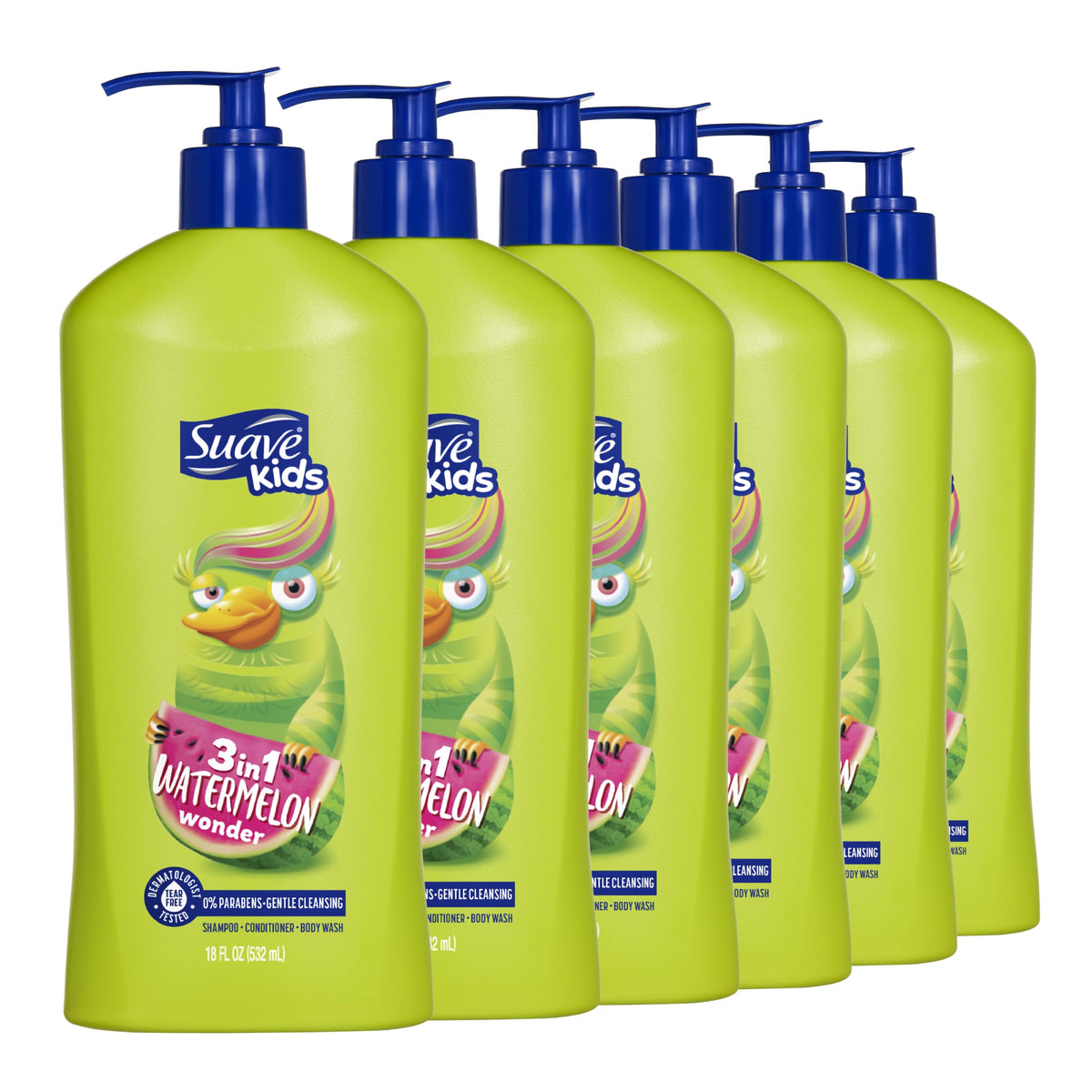 Suave bottle front packaging showing watermelon wonder and kid-friendly art benefit easy identification
