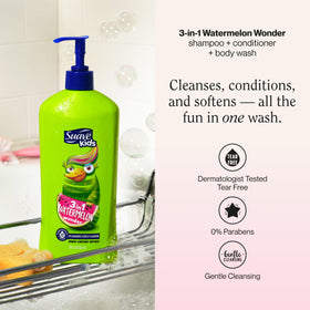 Suave pump-top detail for one-handed dispensing that prevents spills and speeds bath time