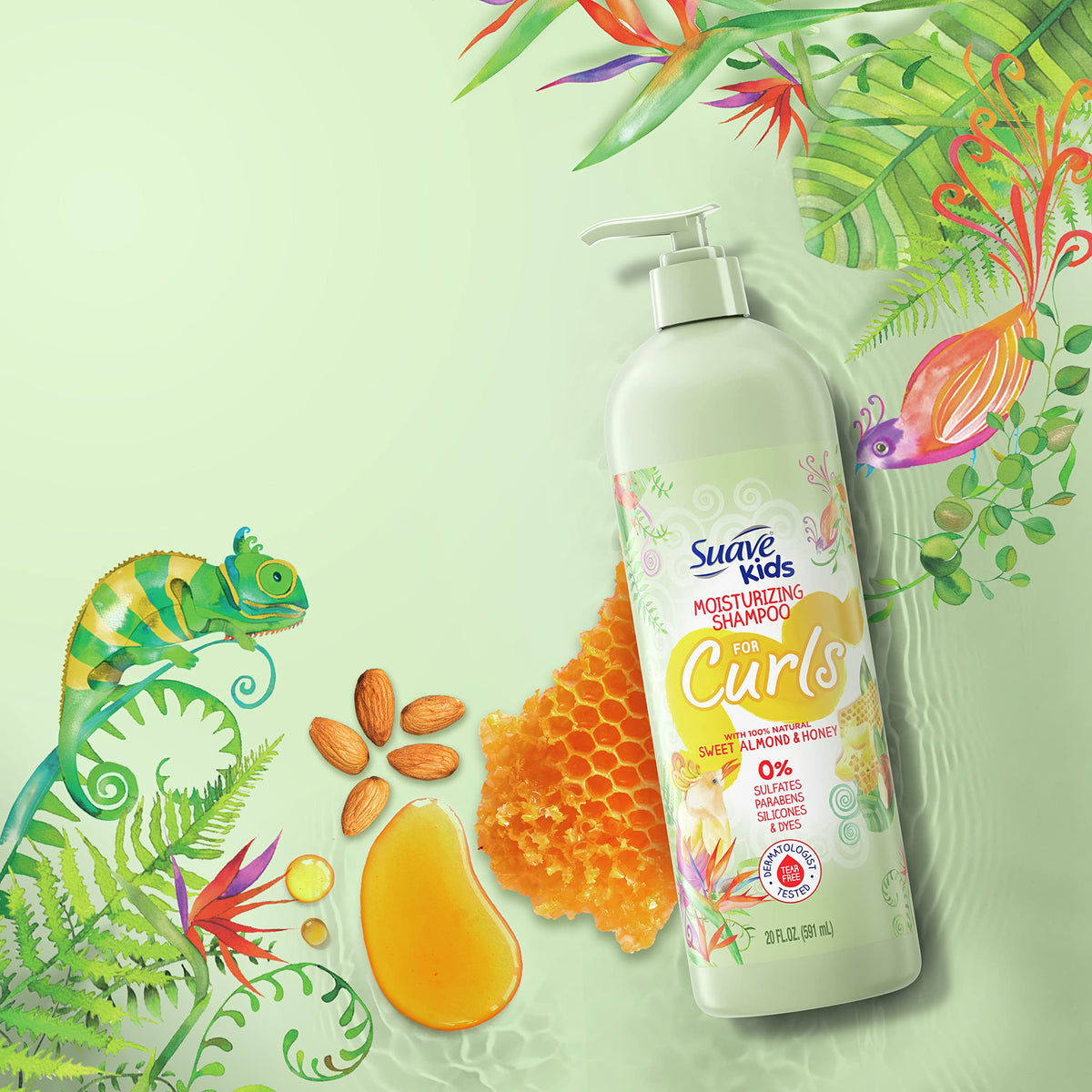 Suave Kids shampoo next to matching conditioner showing system for better curls