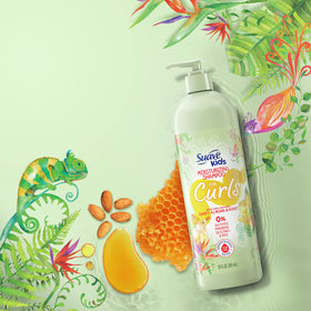 Suave Kids shampoo next to matching conditioner showing system for better curls