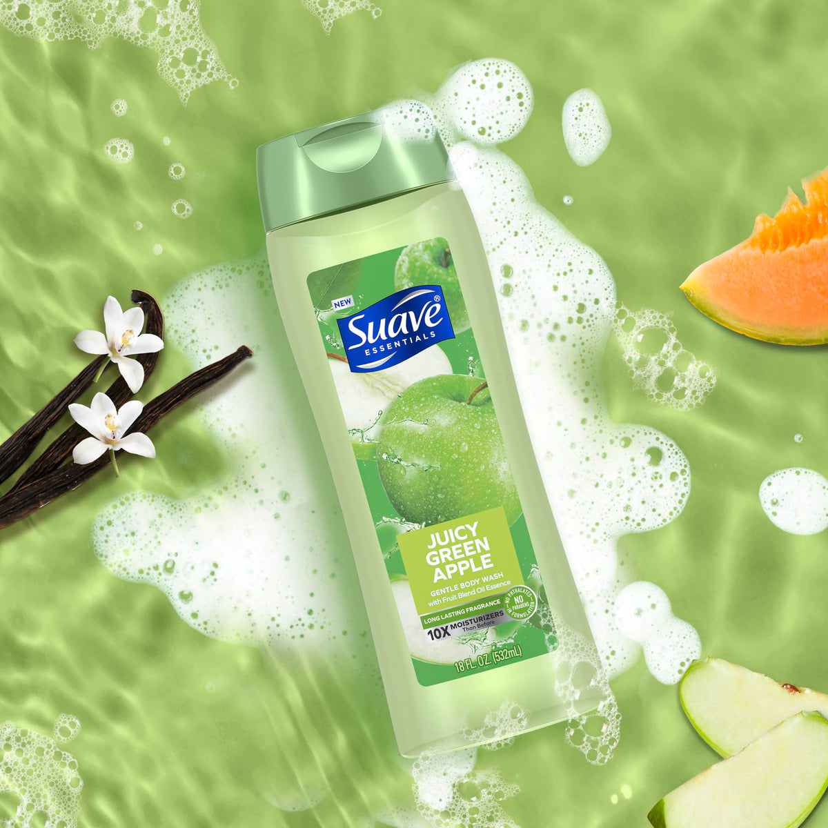Suave label close-up highlighting vitamin E and no-parabens benefit