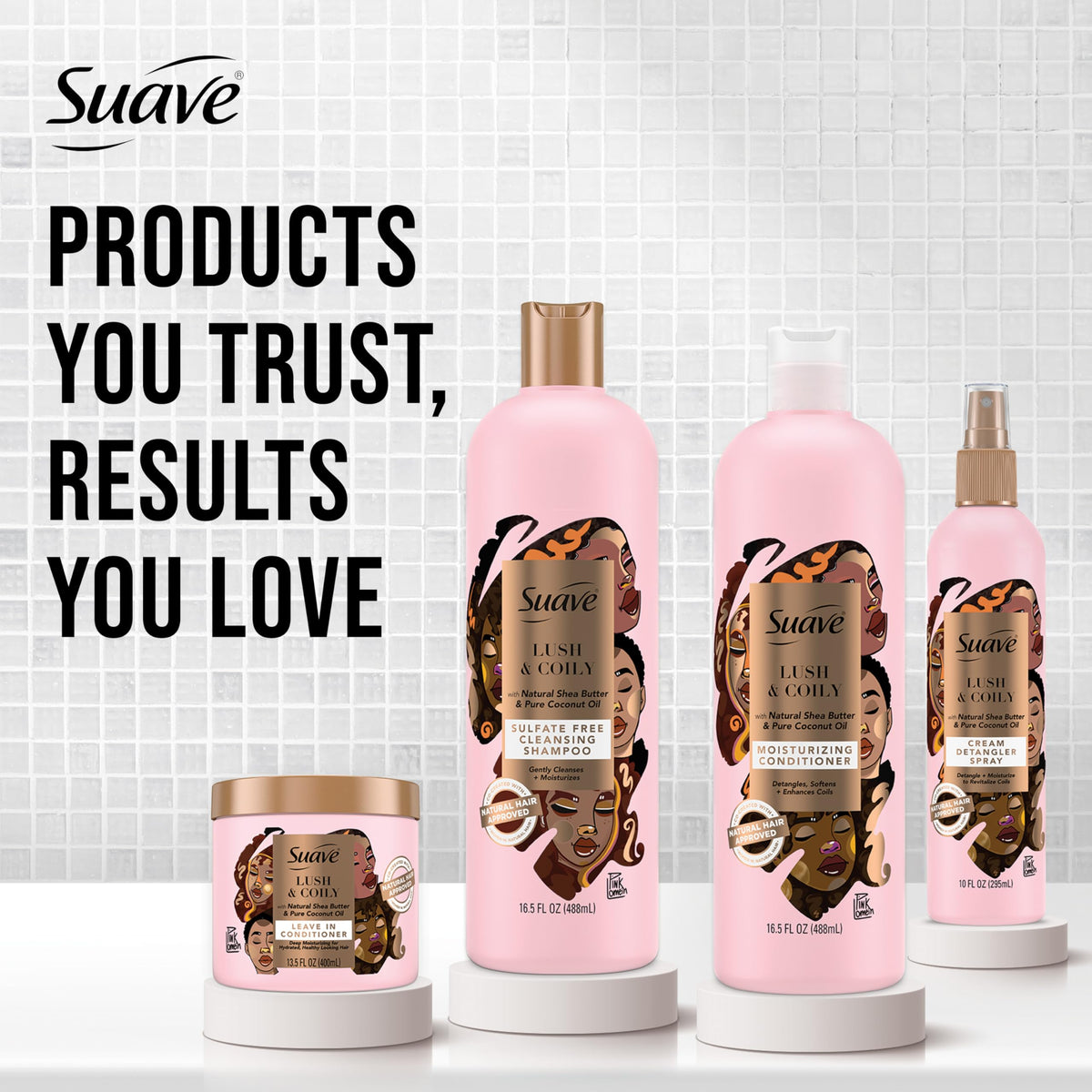 Suave bottle on bathroom shelf next to styled curly hair