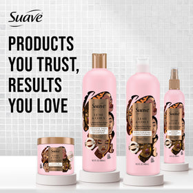 Suave bottle on bathroom shelf next to styled curly hair