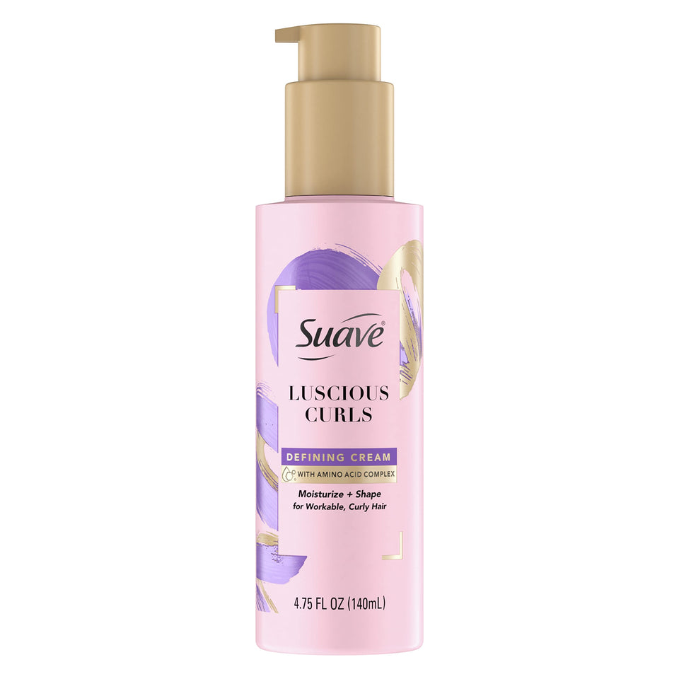 Suave front packaging showing product label and size, clear curl benefit
