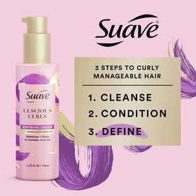Suave open jar displaying cream texture, easy to apply for moisturized curls