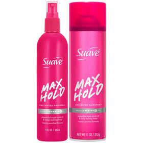 Suave two-pack front view showing both unscented max hold sprays, reliable styling