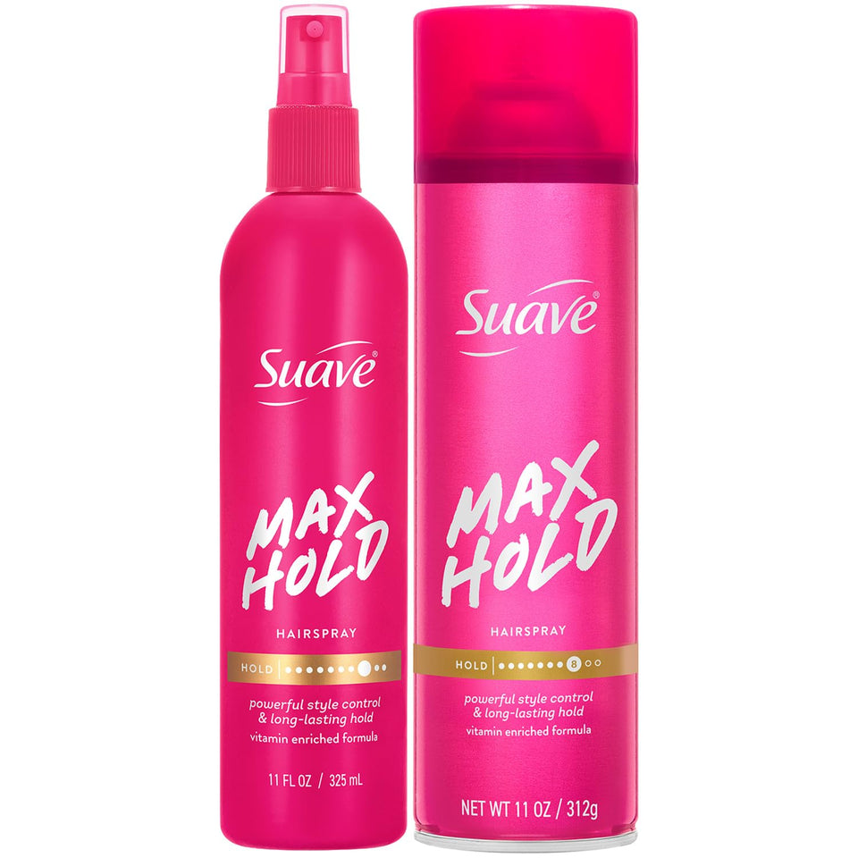 Suave aerosol can front view showing brand and hold for polished finish