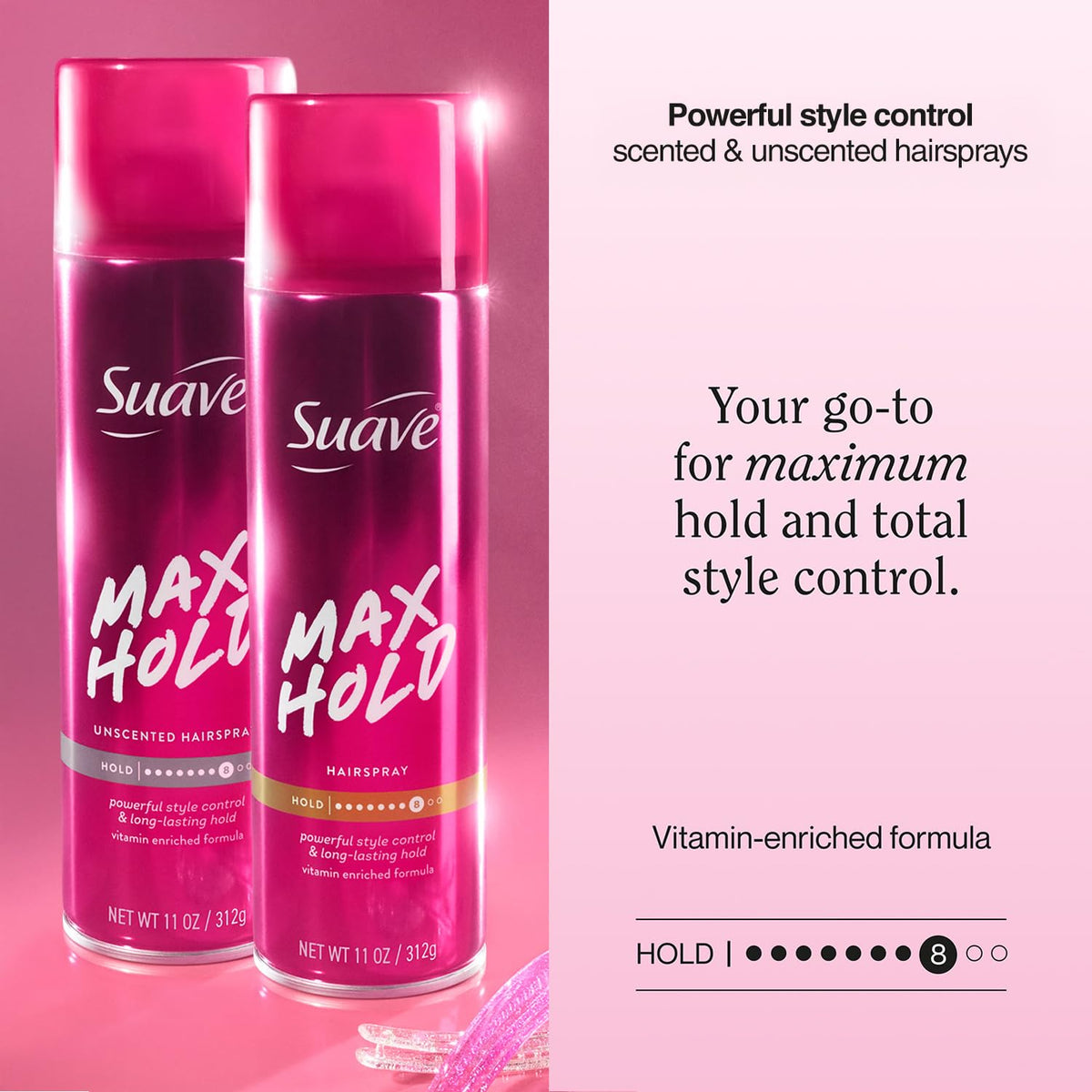 Close-up of Suave Max Hold spray valve demonstrating quick-dry application benefit