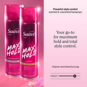Close-up of Suave Max Hold spray valve demonstrating quick-dry application benefit
