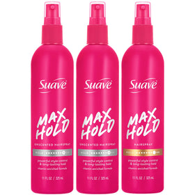 Suave front packaging showing three non-aerosol hairspray bottles and benefits