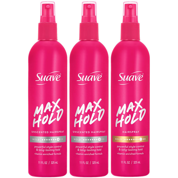 Suave front packaging showing three non-aerosol hairspray bottles and benefits