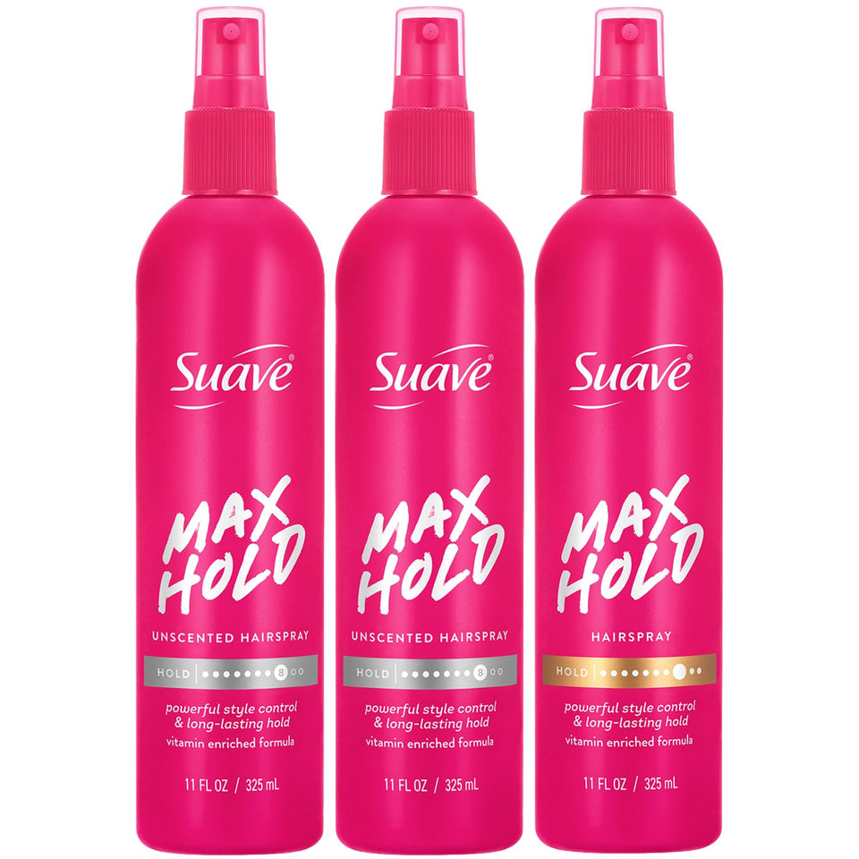 Suave front packaging showing three non-aerosol hairspray bottles and benefits