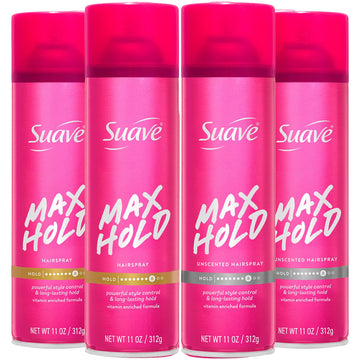 Suave max hold front packaging showing four 11 oz cans and bundle benefits