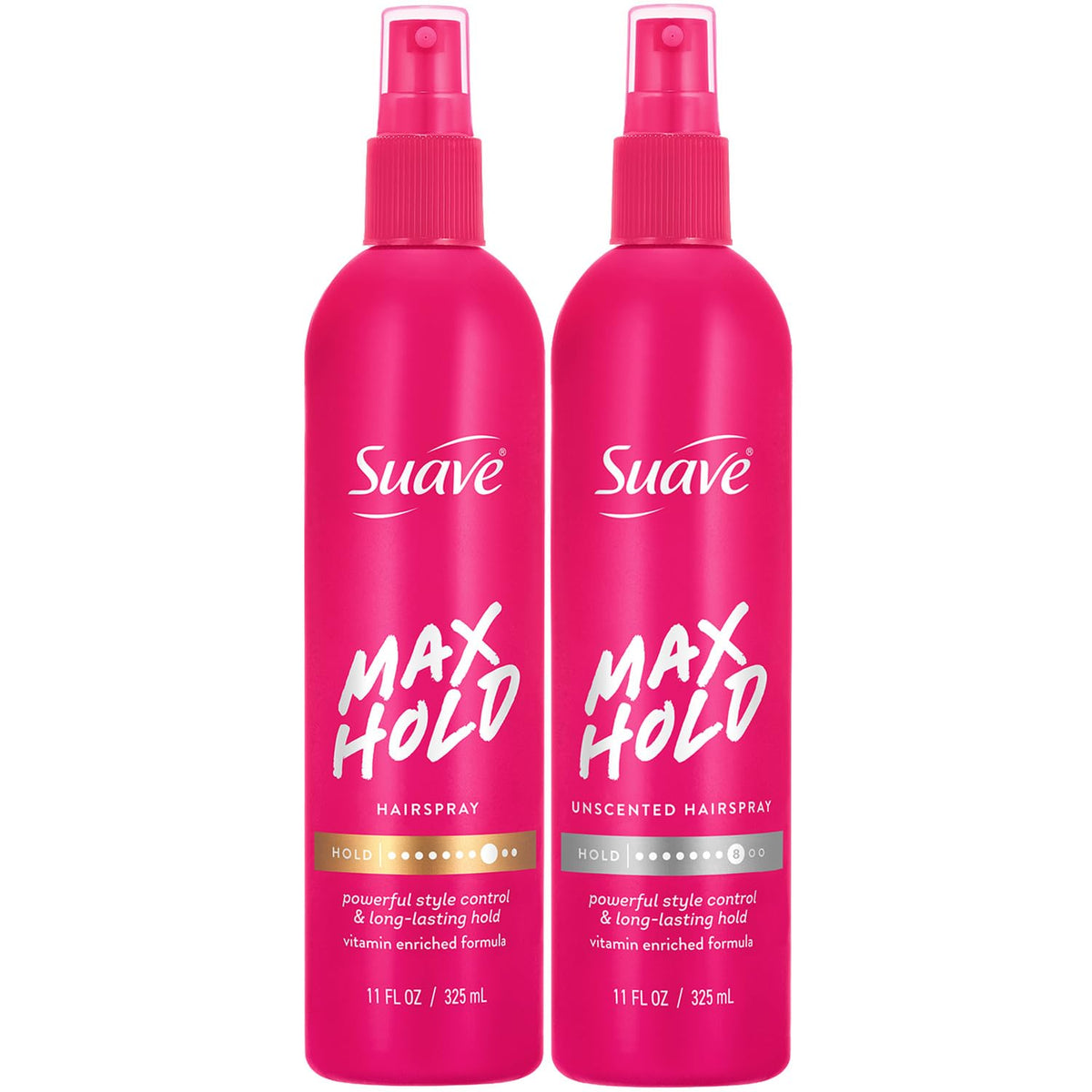 Suave max hold front packaging showing both cans and benefits