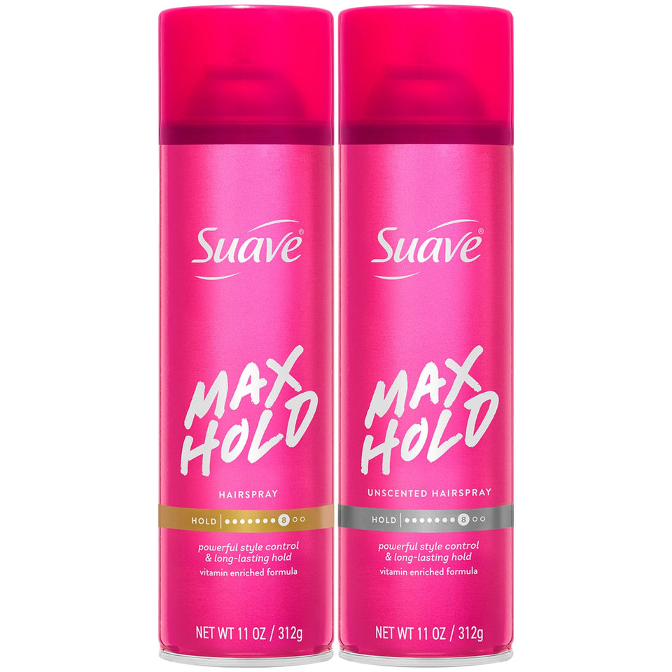 Suave Max Hold front packaging shows two 11 oz cans for versatile styling benefits