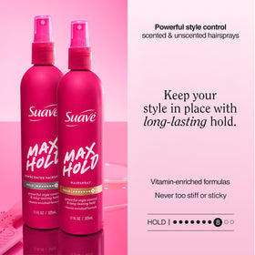 Suave max hold spray texture demonstrating quick dry and non‑sticky finish