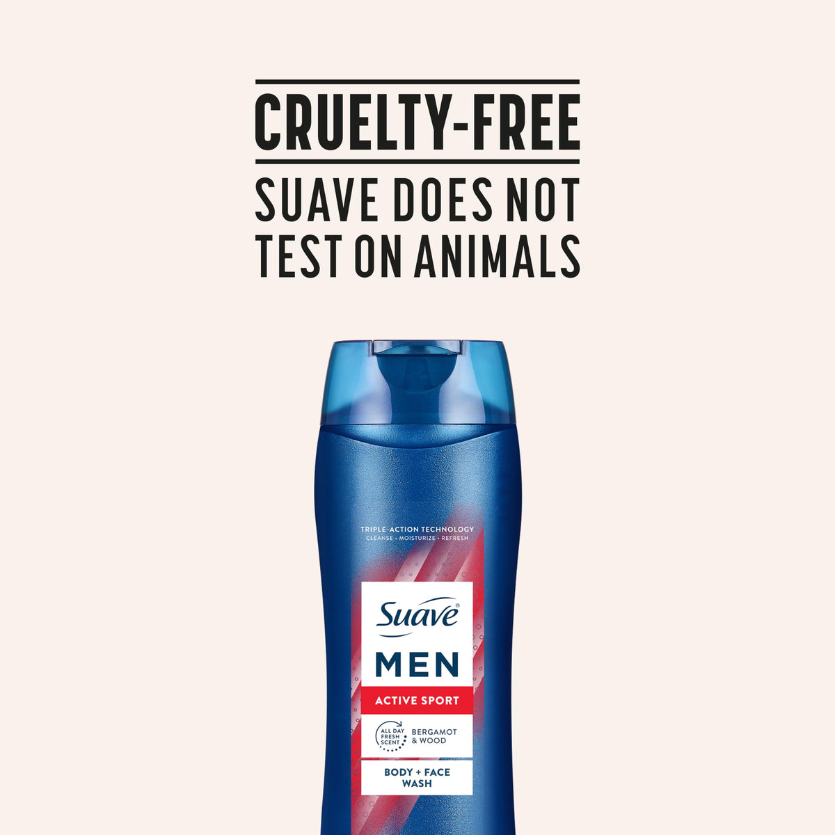 Suave bottle on bathroom shelf showing everyday grooming use