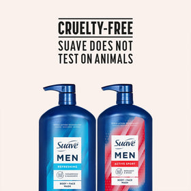 Three Suave bottles staged in a shower offering convenience and pump access