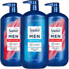 Suave men bundle front packaging showing three 30 oz pumps and value savings