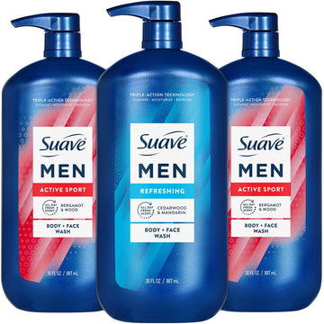 Suave men bundle front packaging showing three 30 oz pumps and value savings