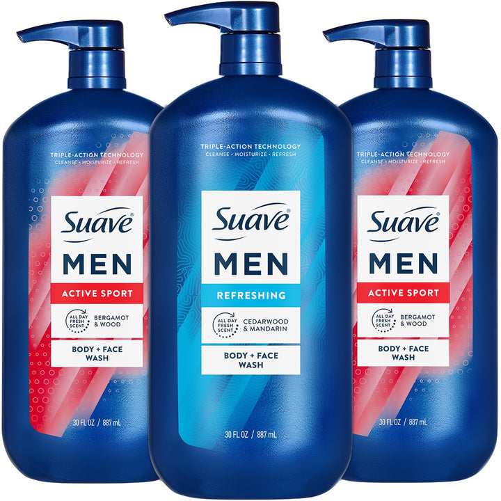 Suave men bundle front packaging showing three 30 oz pumps and value savings